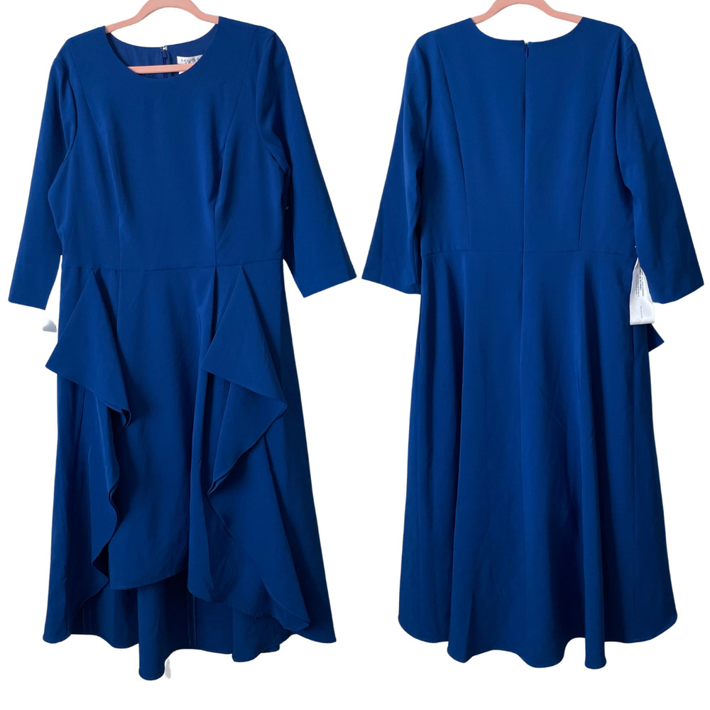 Kay Unger Bria High Low 3/4 Sleeve A-Line Midi Dress Navy Blue Plus Size 16 NEW - Picture 3 of 14
